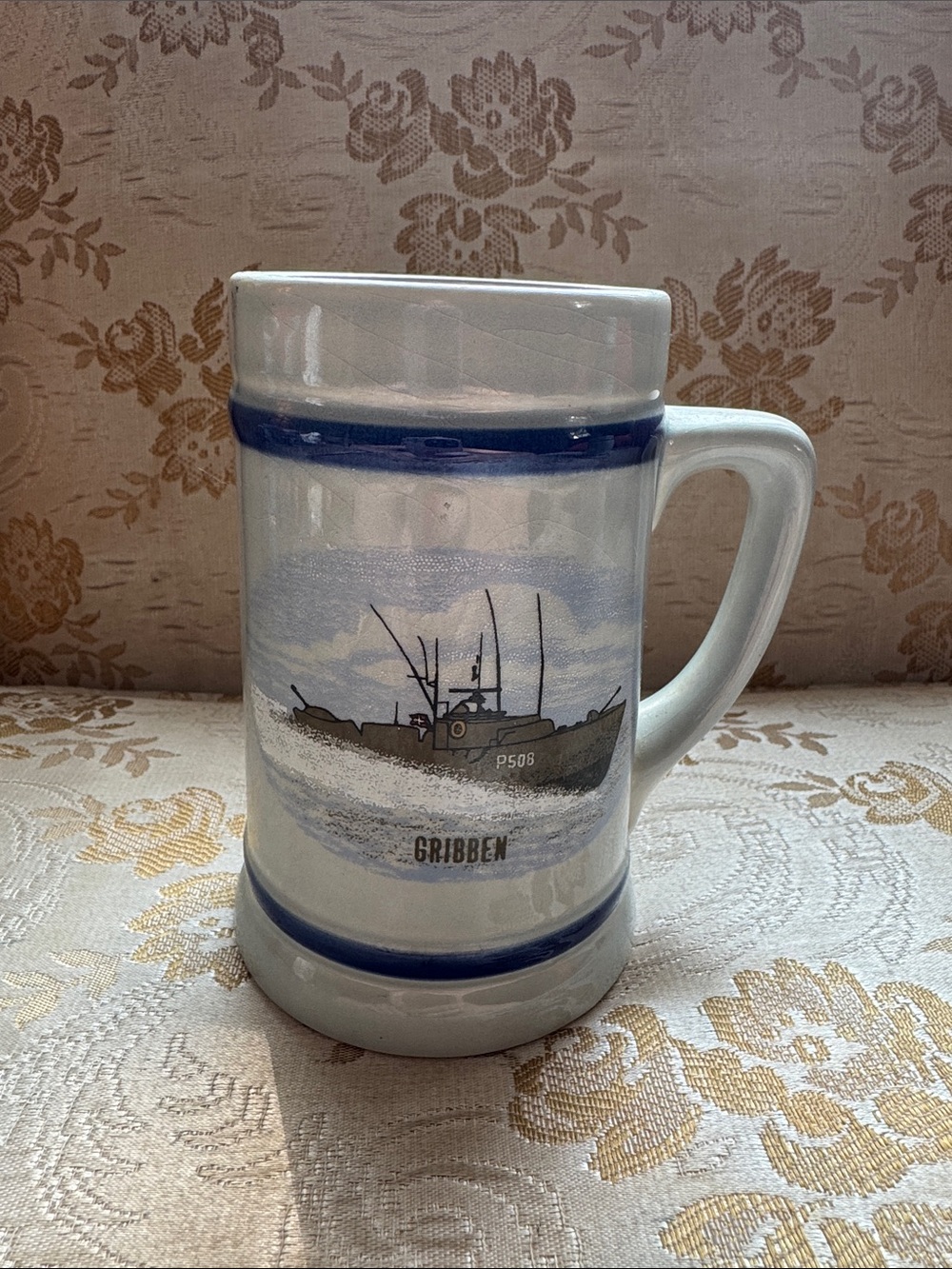 Vintage Gribben Ship Ceramic Beer Stein - White with Blue Bands tankard mug